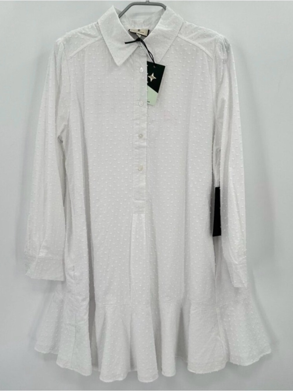 Tuckernuck White Swiss Dot Callahan Shirt Dress Ruffle Hem Swing Style sz L